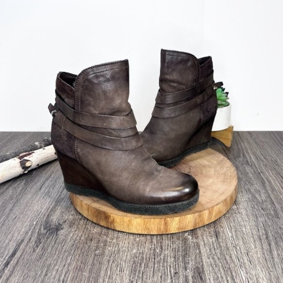 Miz Mooz Shoes - *Miz Mooz | Narcissa Brown Leather Wedge Bootie with Ankle Straps Size 38/7.5-8